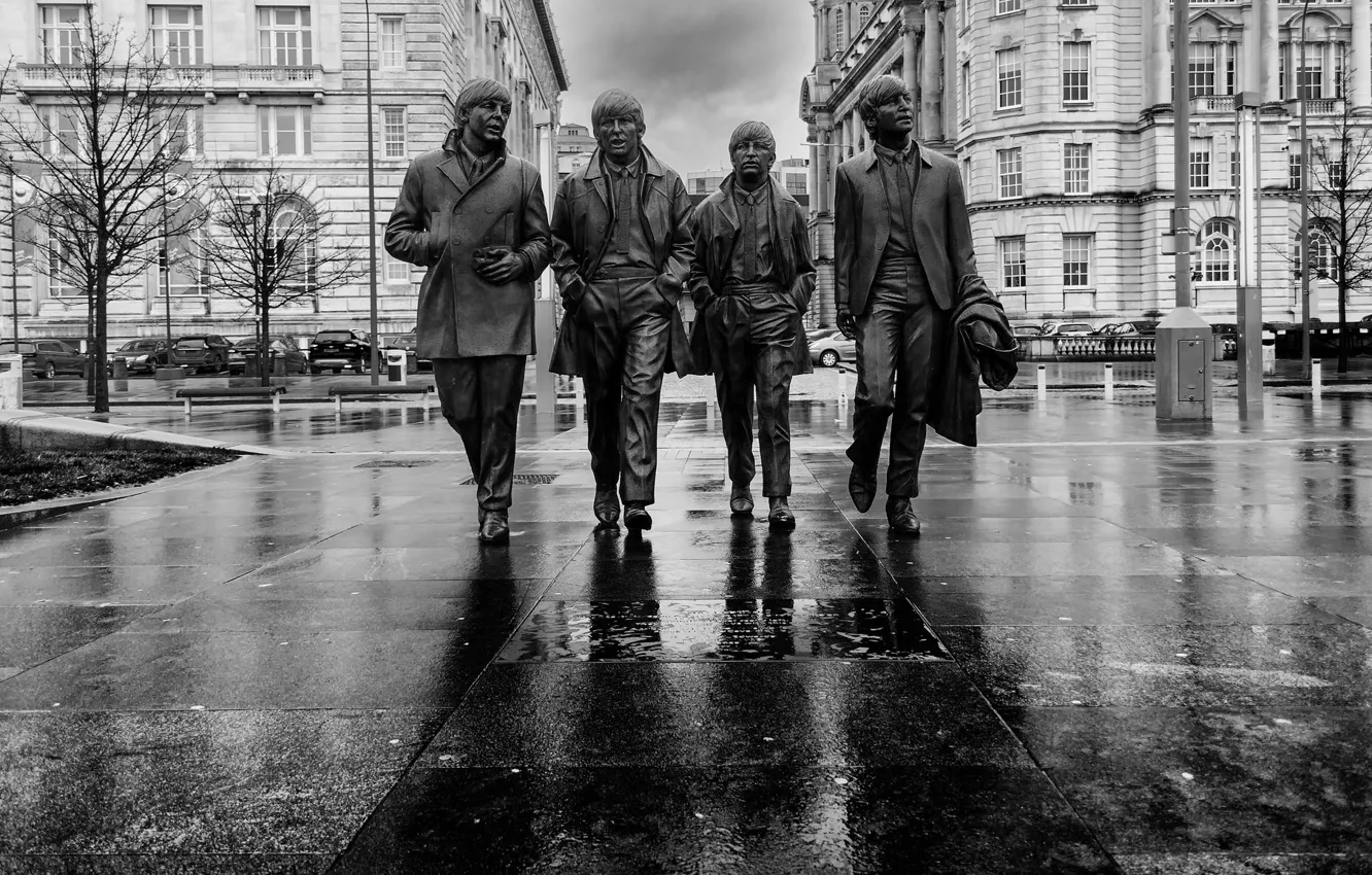 Photo wallpaper England, monument, black and white, The Beatles, monochrome, Liverpool, Liverpool, England