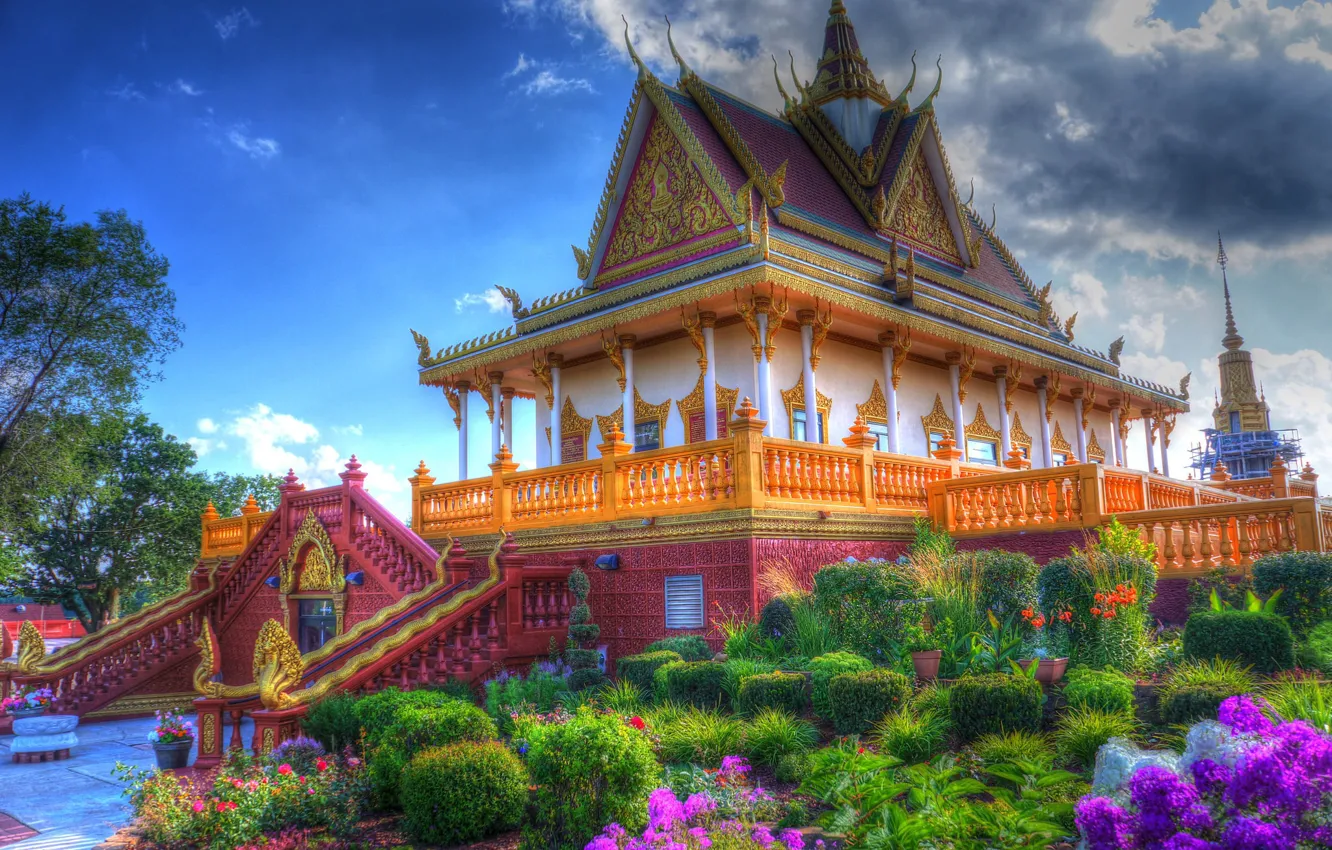 Photo wallpaper flowers, temple, Buddhist temple