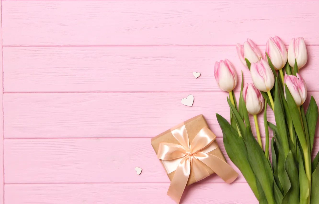 Photo wallpaper flowers, gift, bouquet, tulips, pink, wood, pink, flowers