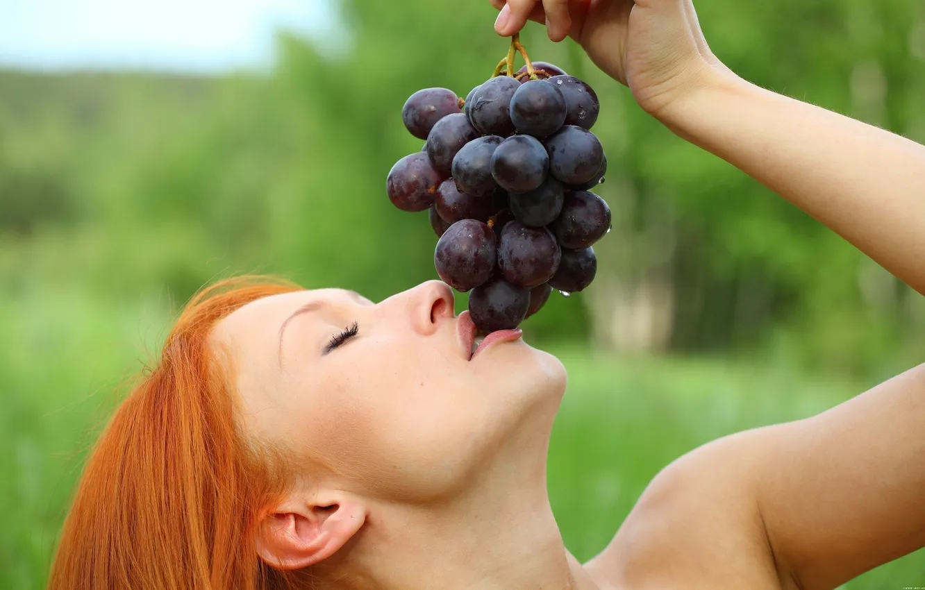 Photo wallpaper girl, grapes, girl, red hair, grapes