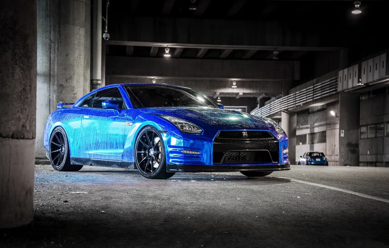 Photo wallpaper blue, reflection, nissan, front view, Nissan, blue, gt-r, GT-R