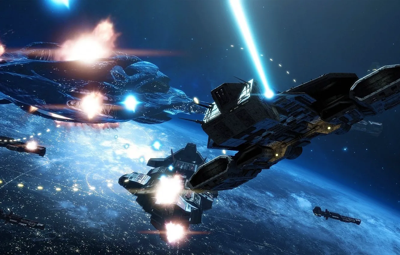 Photo wallpaper The battle in Orbit, Starships, Dreadnoughts, Spacery
