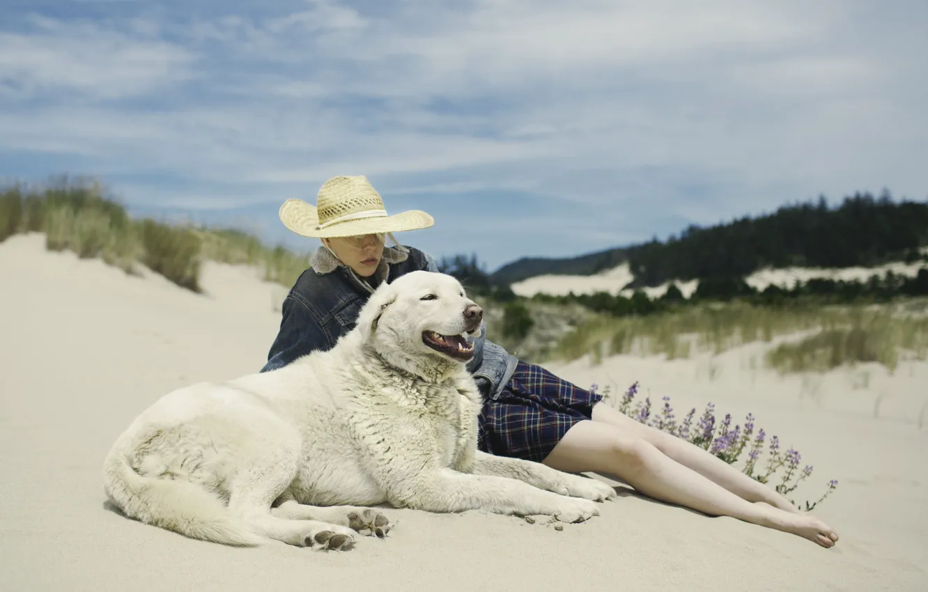 Photo wallpaper hat, woman, dog, flowers, sand, wind, dune, sunny