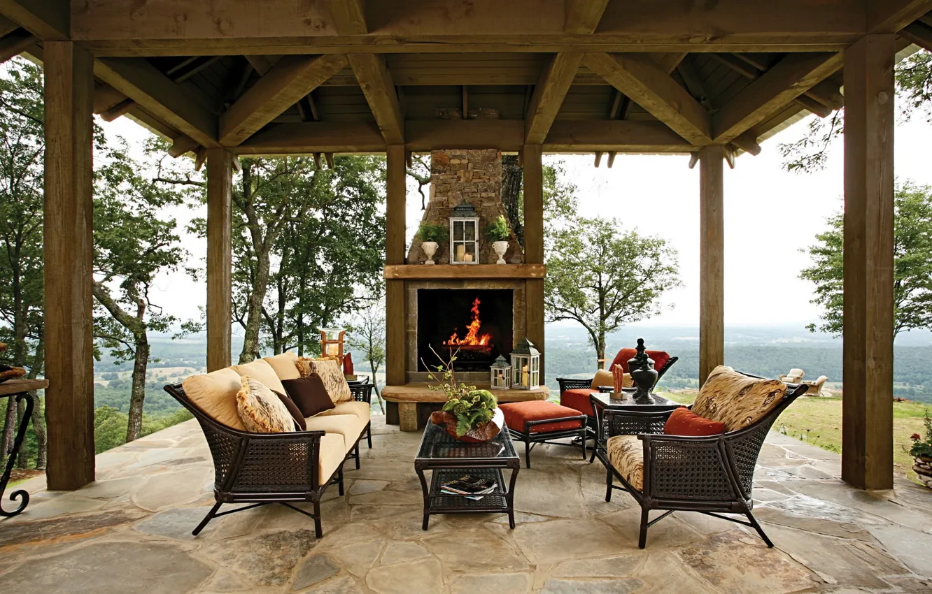 Photo wallpaper sofa, interior, fireplace, gazebo, veranda