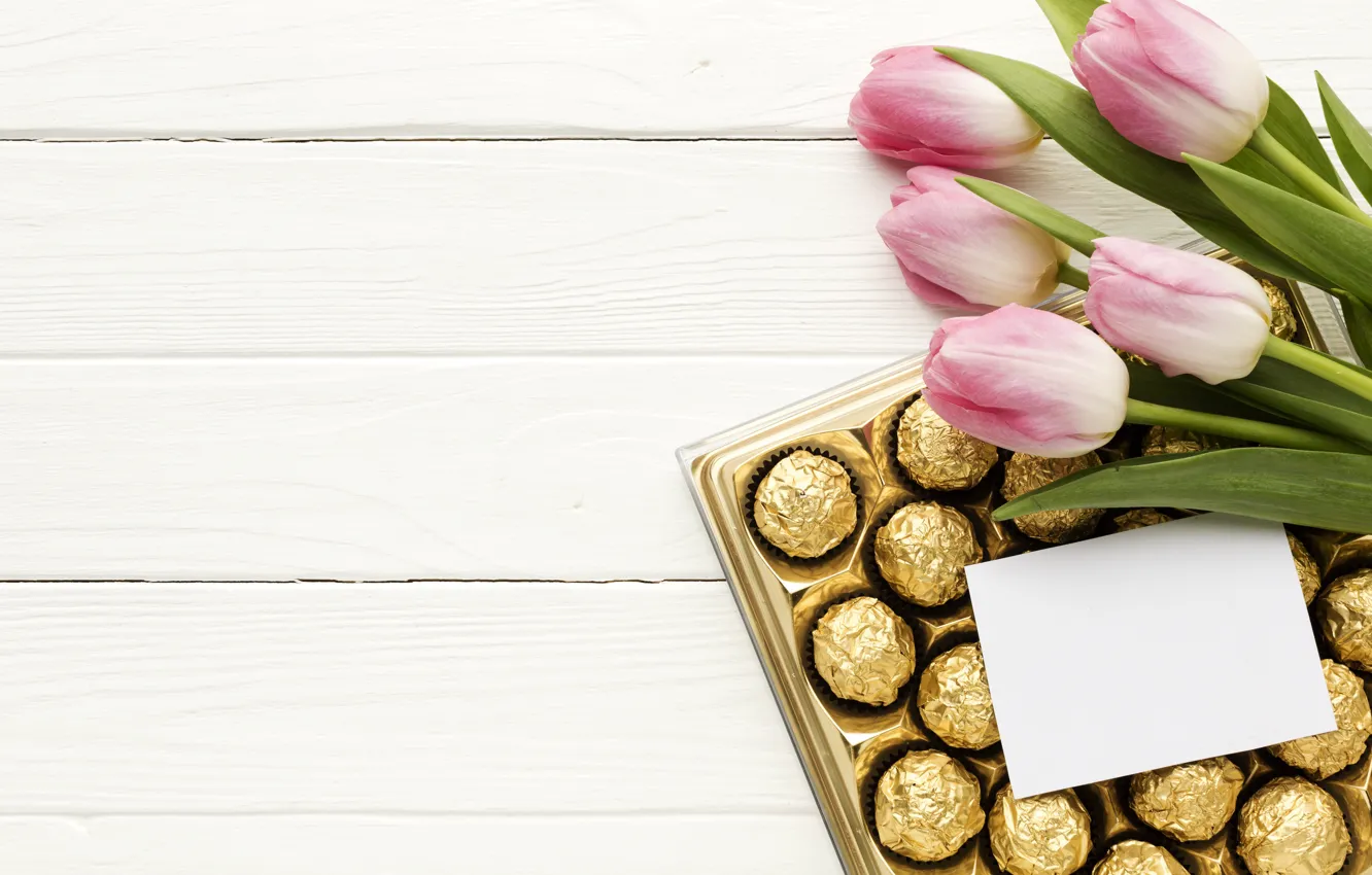 Photo wallpaper box, candy, tulips, chocolate, Mother's day
