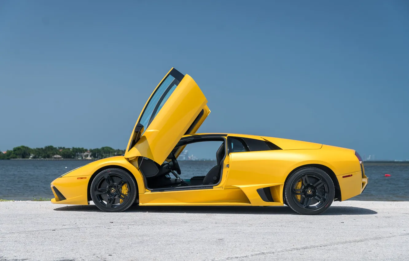 Photo wallpaper Lamborghini, yellow, Lamborghini Murcielago, murcielago, Supercar, lambo door