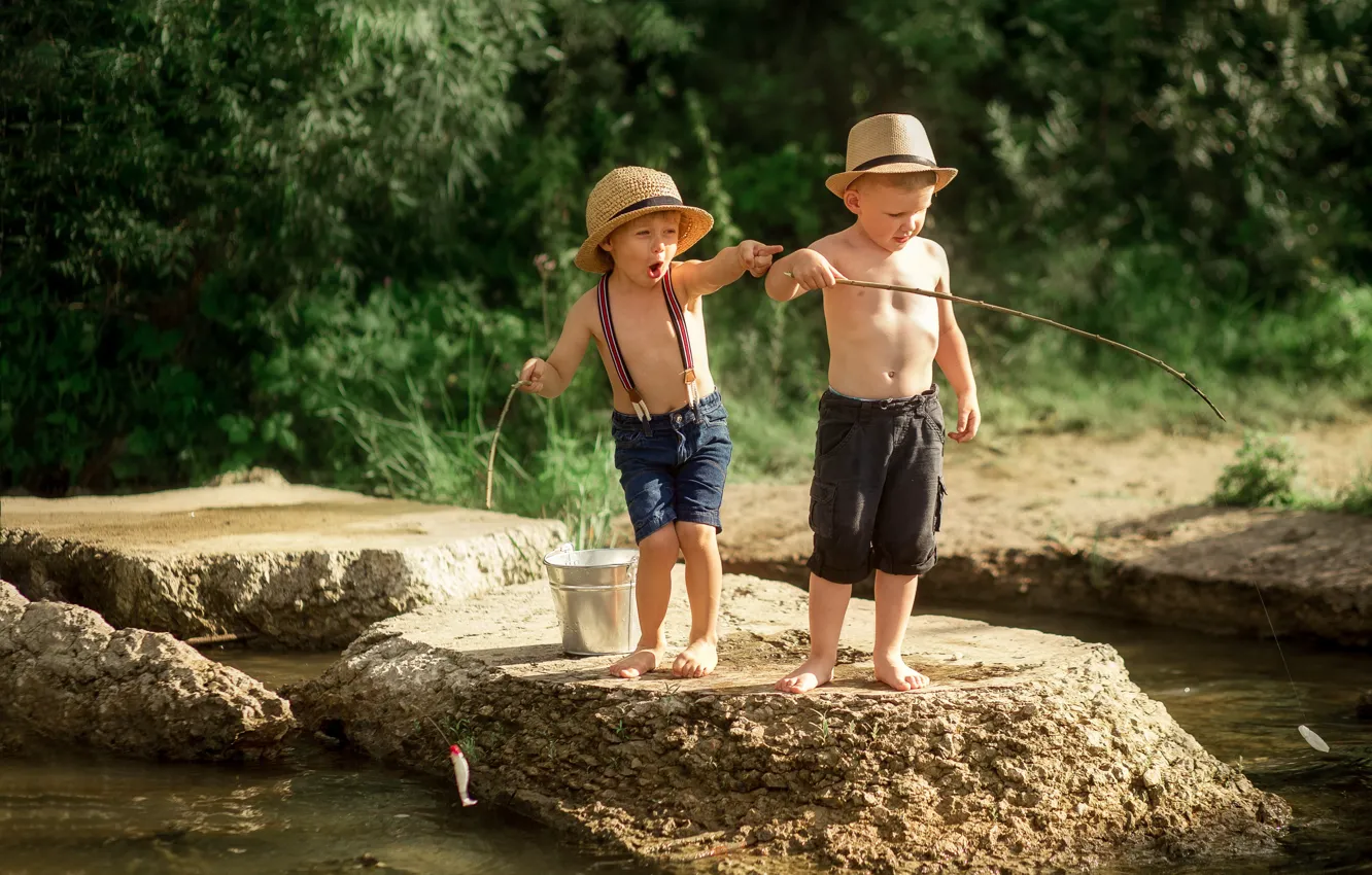 Photo wallpaper summer, nature, children, river, stones, each, fishing, fisherman