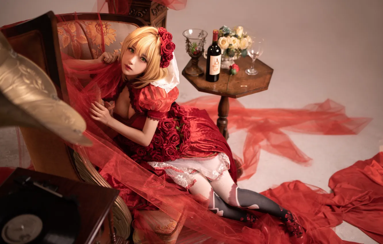 Photo wallpaper table, wine, roses, chair, dress, Asian