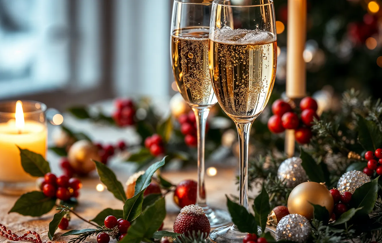 Photo wallpaper decoration, new year, Christmas, champagne, Christmas, balls, New Year, decoration