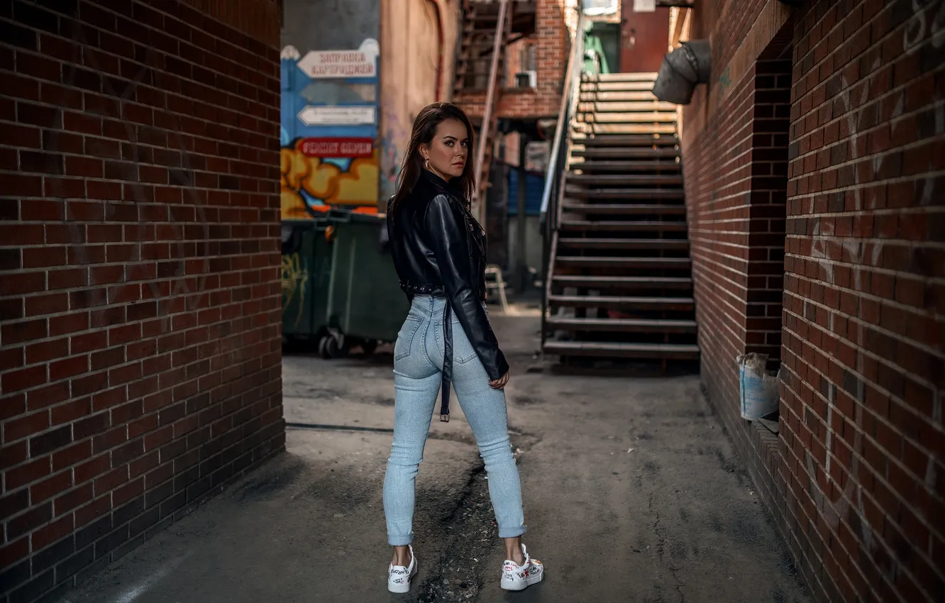 Photo wallpaper look, girl, pose, jeans, jacket, long hair, Vadim Podoprigora