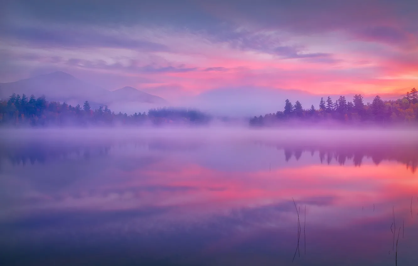 Photo wallpaper mountains, fog, lake, reflection, dawn, morning, the state of new York, Adirondack Park