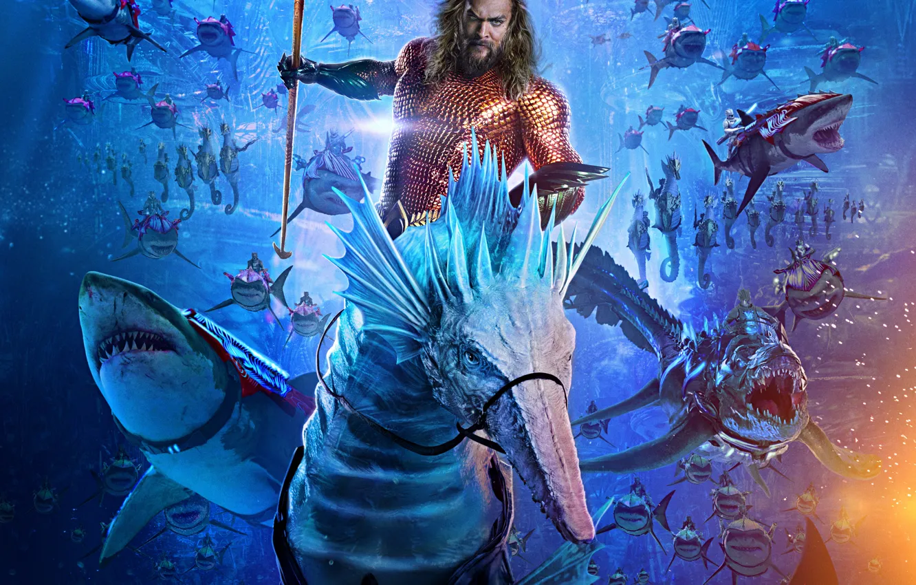 Photo wallpaper shark, fantasy, Trident, USA, underwater world, adventure, action, Jason Momoa