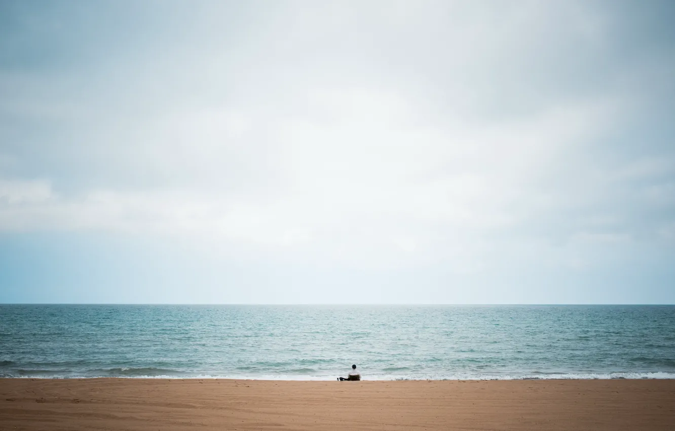 Photo wallpaper beach, sky, big, blue, lake, alone, man, solitude