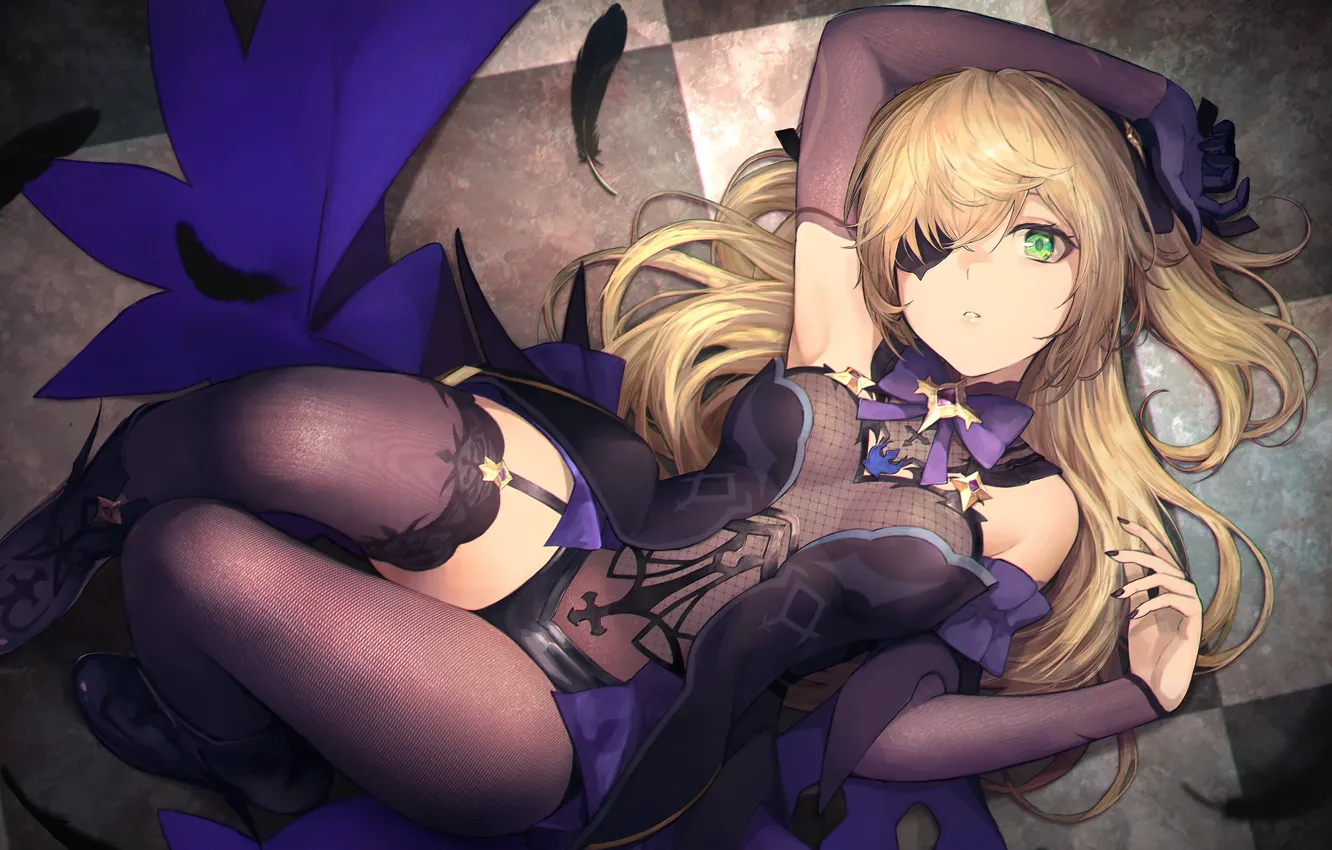 Photo wallpaper collant, thighhighs, green eyes, handsome, breasts, long hair, thighs, anime