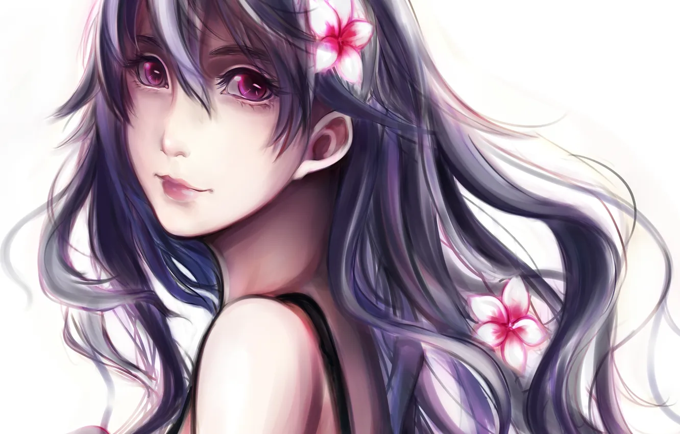 Photo wallpaper eyes, girl, flowers, hair, anime, art, early type