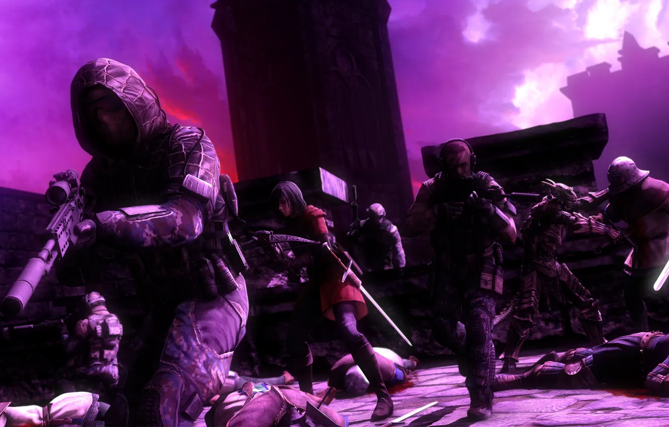 Photo wallpaper night, castle, sword, soldiers, machine, special forces, crossbow, Night Raid