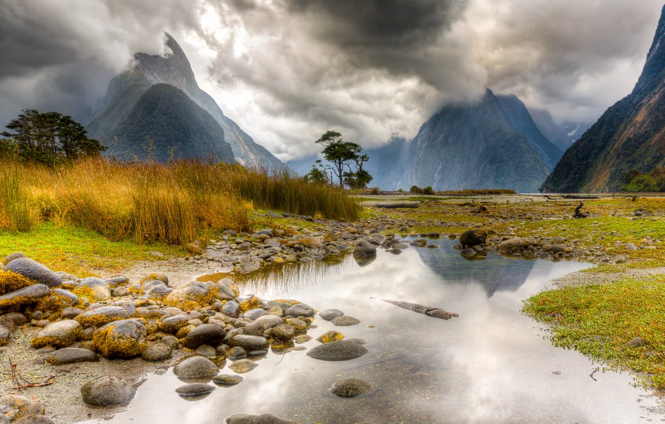 Photo wallpaper autumn, grass, water, mountains, clouds, stones, New Zealand