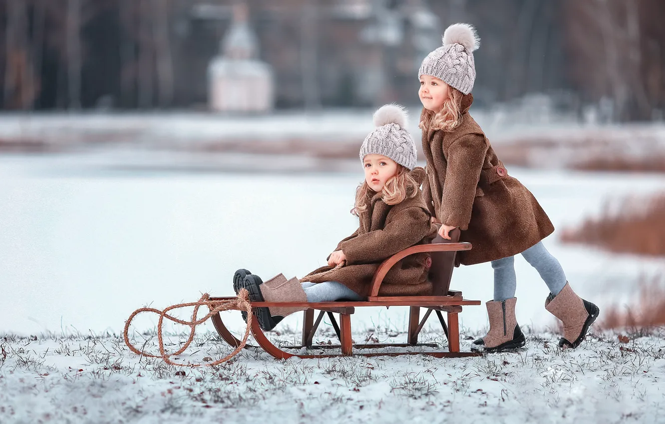 Photo wallpaper winter, snow, nature, children, girls, sister, sled, Gemini