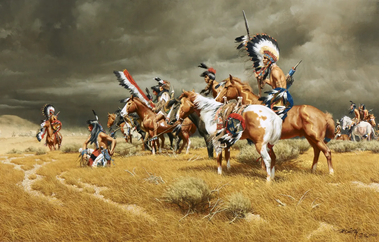 Wallpaper Clouds, Grass, Picture, The Indians, Horse, Frank McCarthy ...