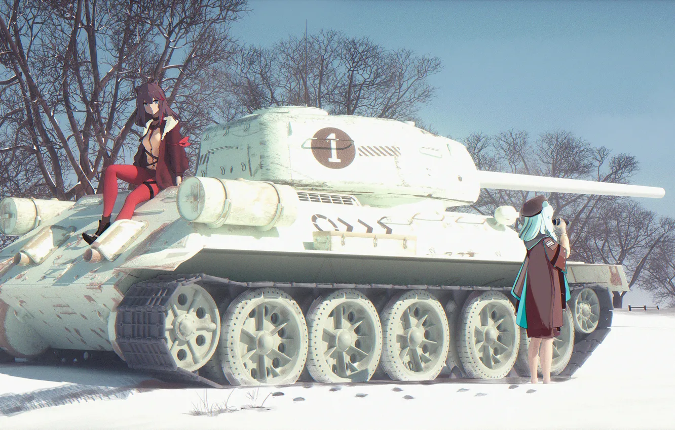 Photo wallpaper winter, girl, snow, anime, tank, two, military, anime