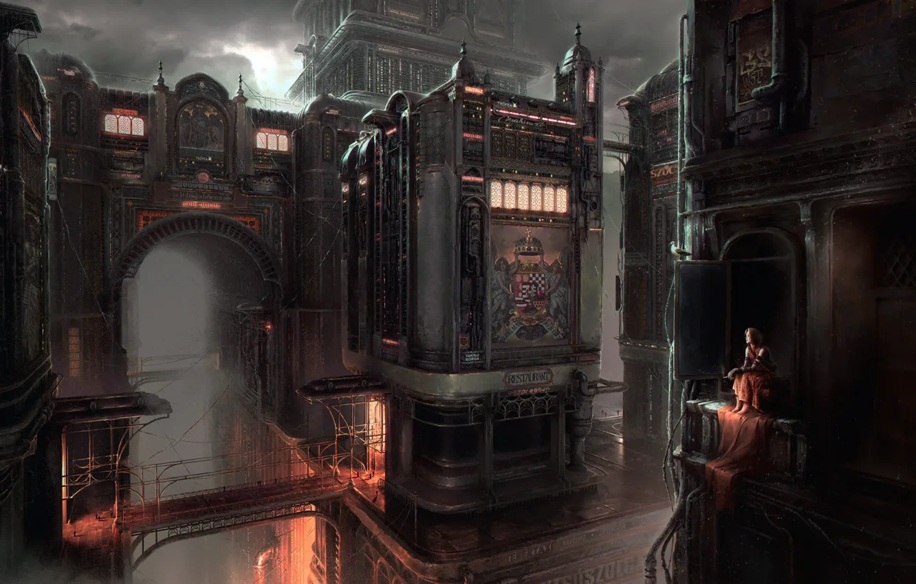 Photo wallpaper girl, night, city, the city, fiction, building, art, girl