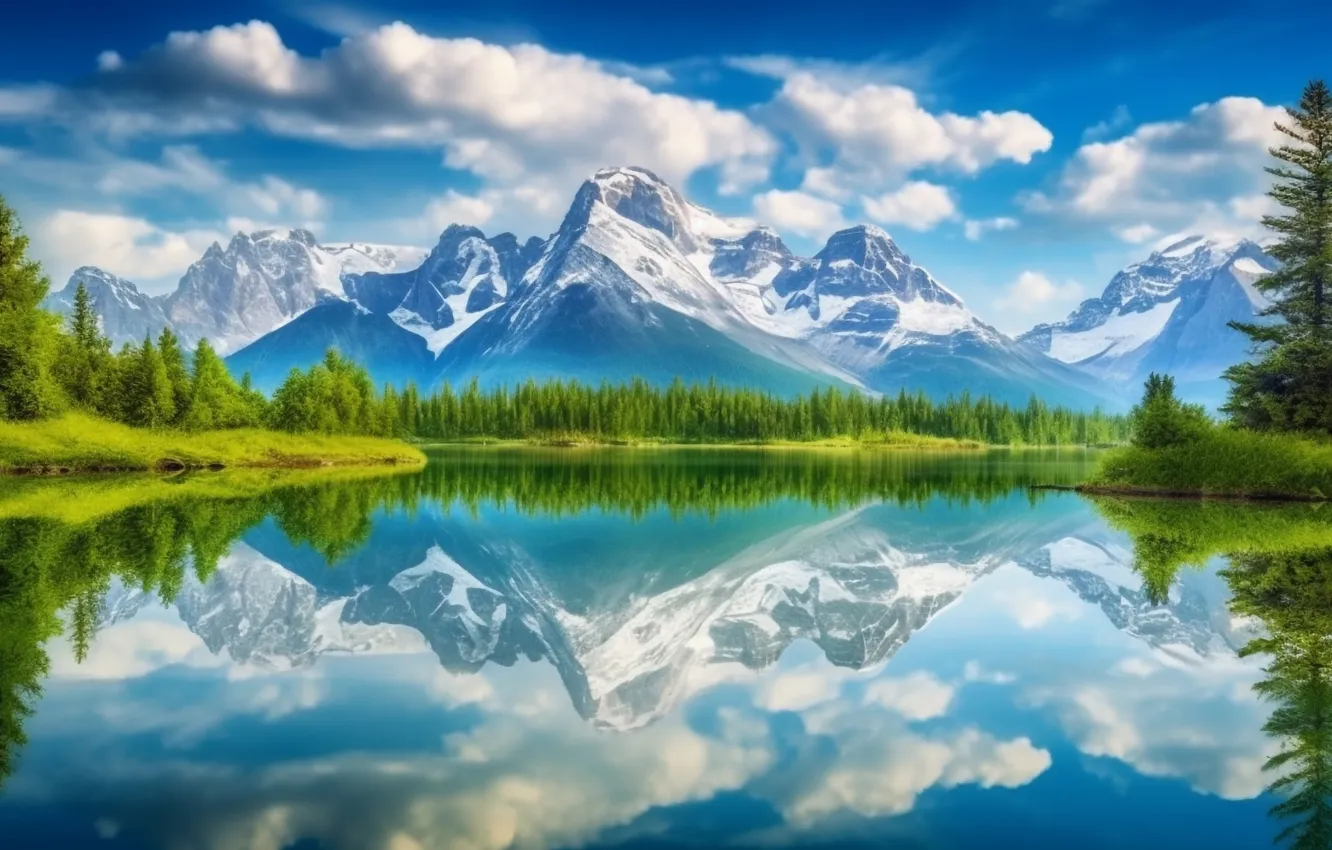 Photo wallpaper landscape, mountains, nature, lake, reflection, landscape, nature, beautiful