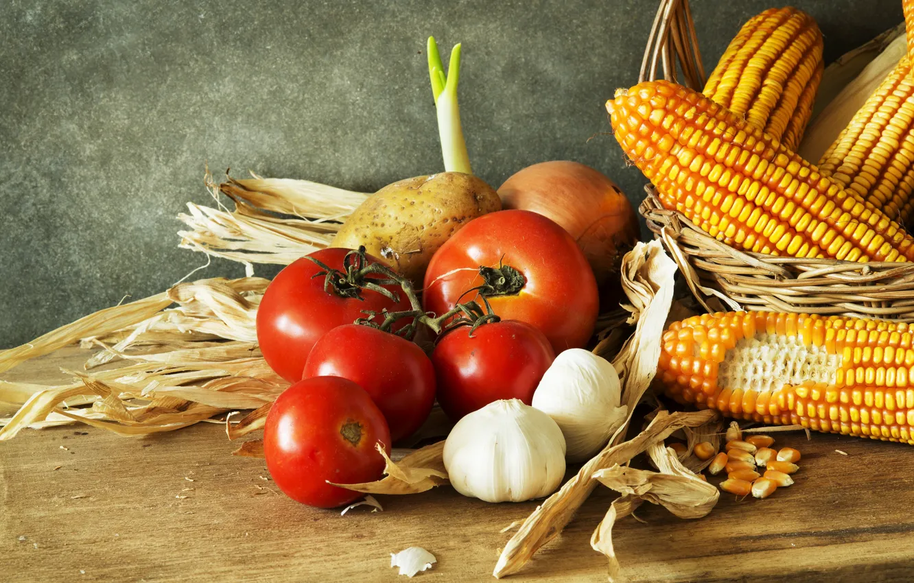 Photo wallpaper basket, corn, bow, still life, tomatoes, garlic