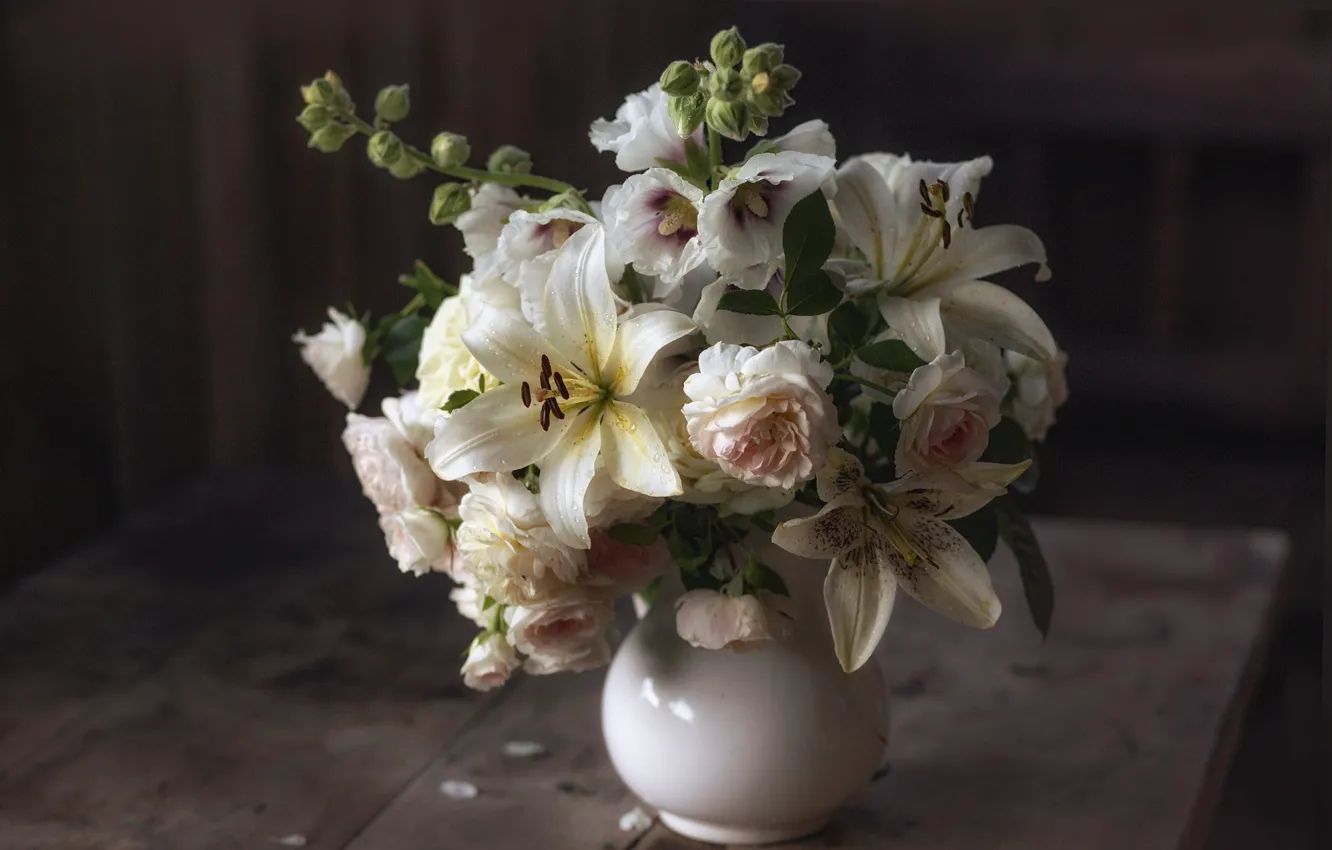Photo wallpaper flowers, table, Board, Lily, roses, bouquet, pitcher, white