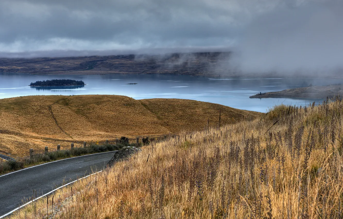 Photo wallpaper road, fog, lake, island