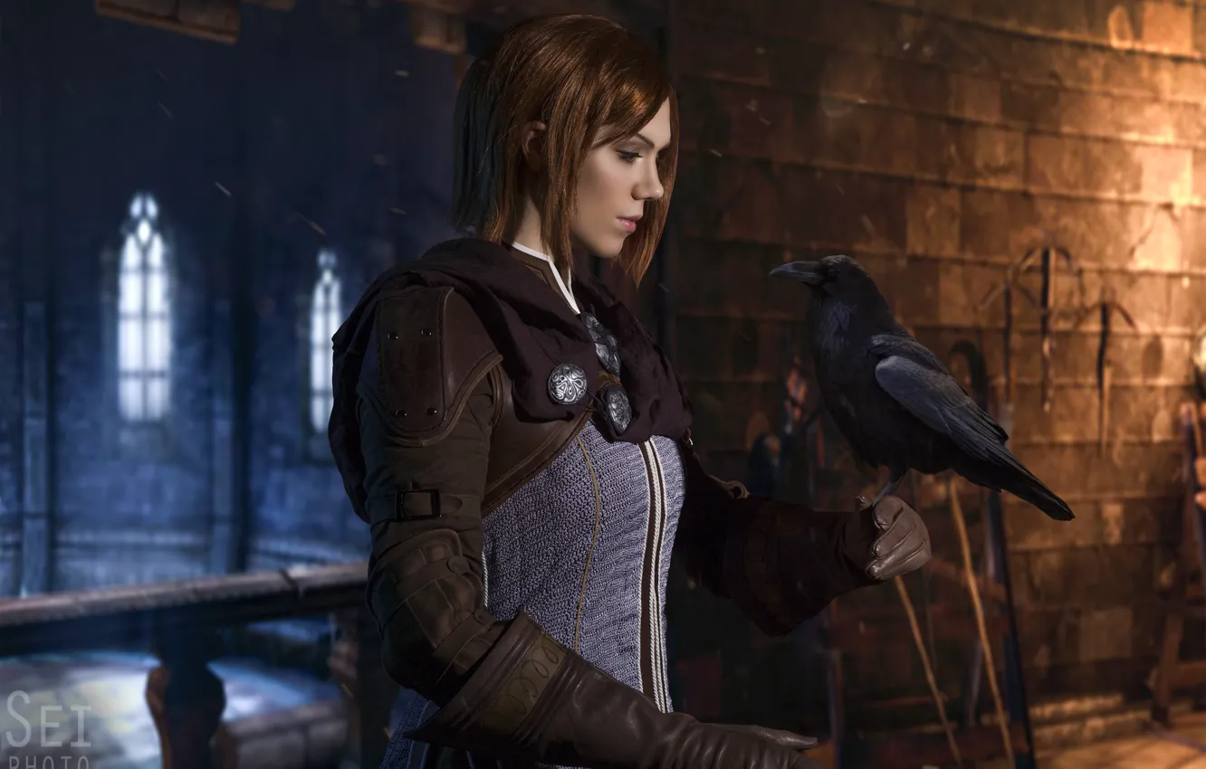 Photo wallpaper style, castle, bird, costume, image, Raven, characters, Dragon Age