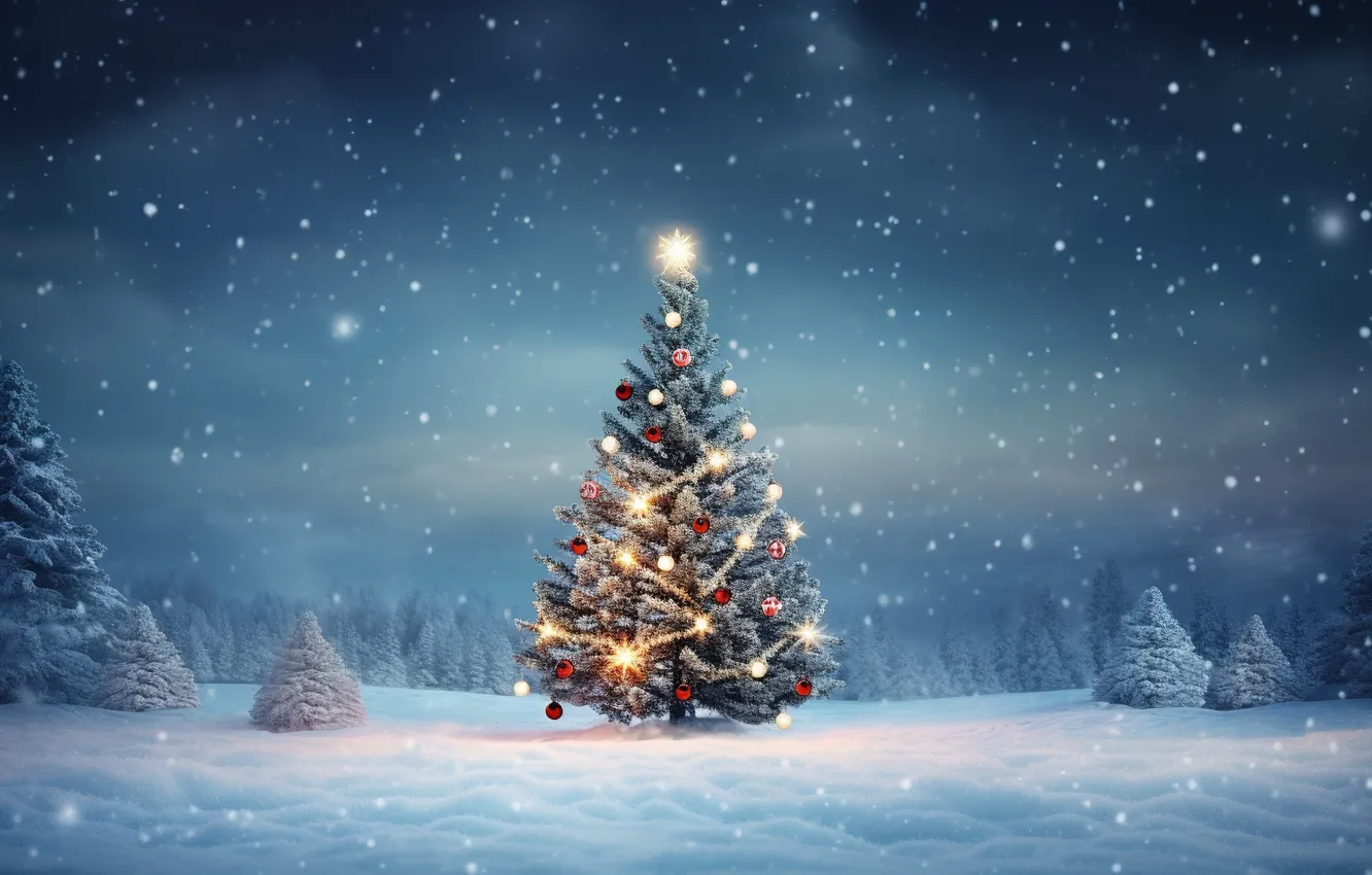 Photo wallpaper winter, snow, decoration, balls, tree, new year, Christmas, forest