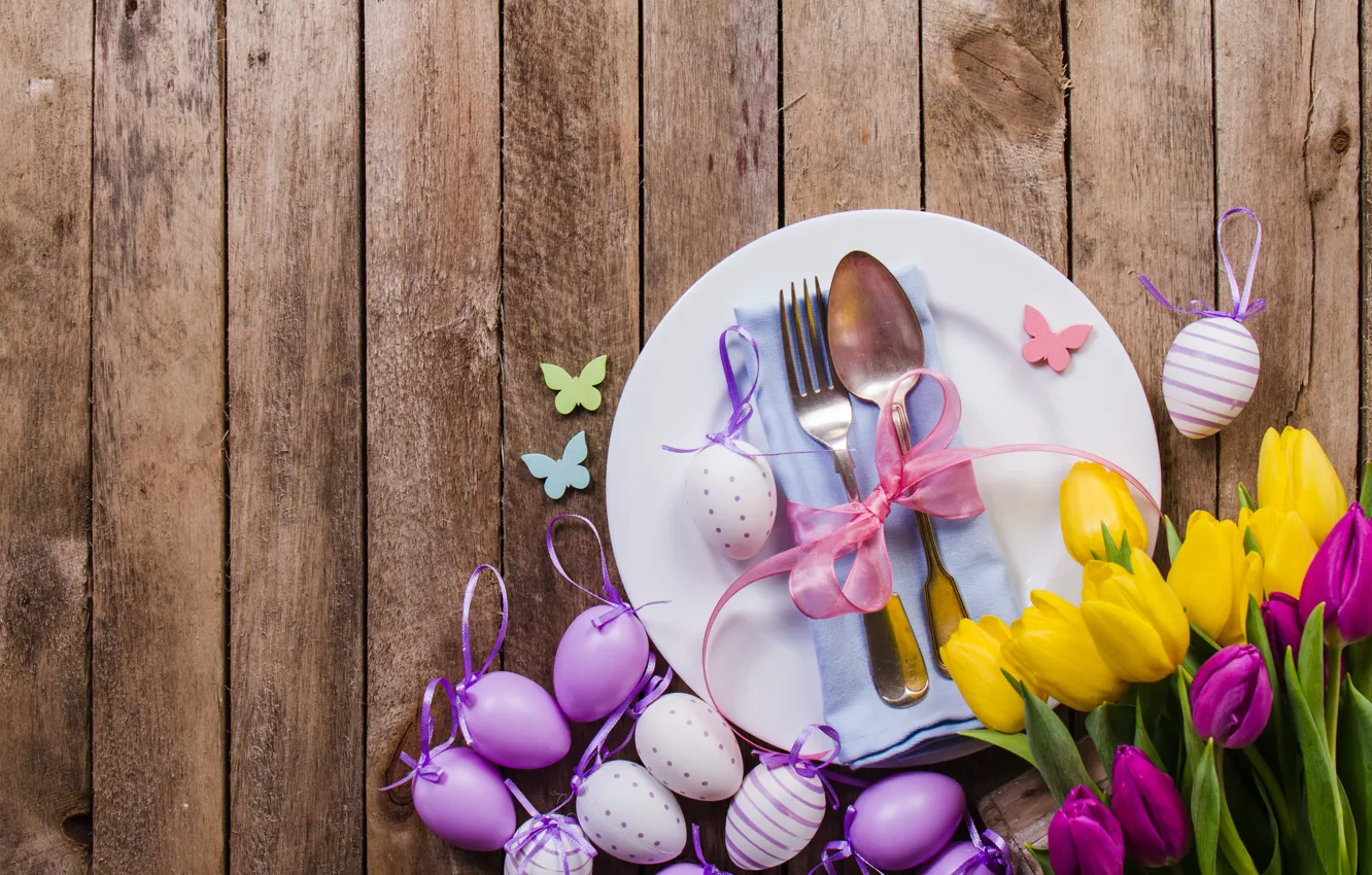 Photo wallpaper flowers, yellow, eggs, spring, colorful, Easter, tulips, flowers