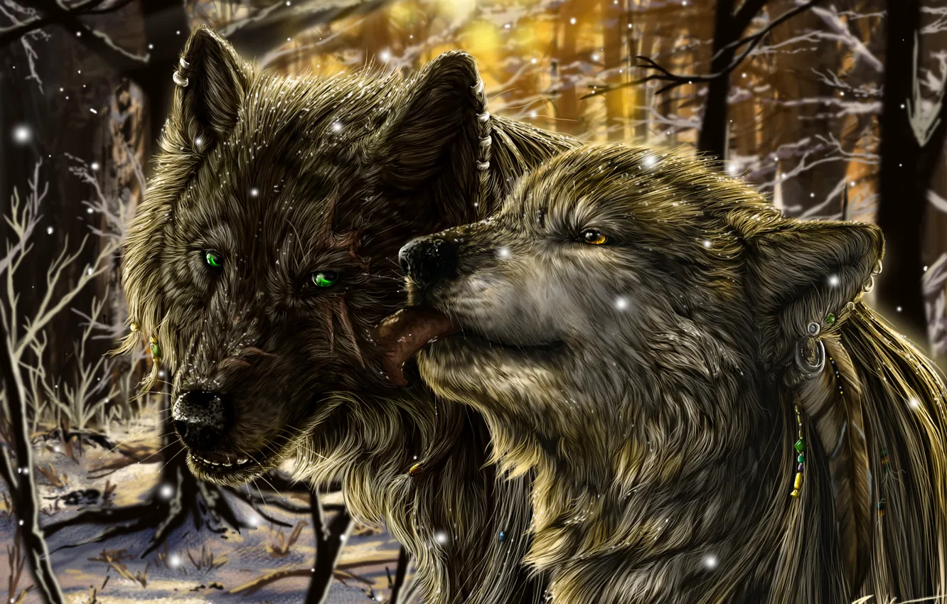 Photo wallpaper forest, snow, fiction, wolf, wolf