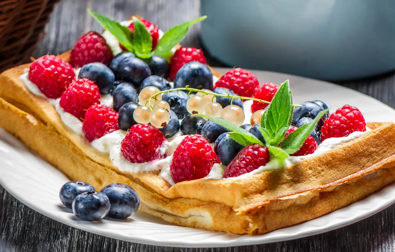 Photo wallpaper raspberry, food, blueberries, fruit, dessert, food, waffles, fruits