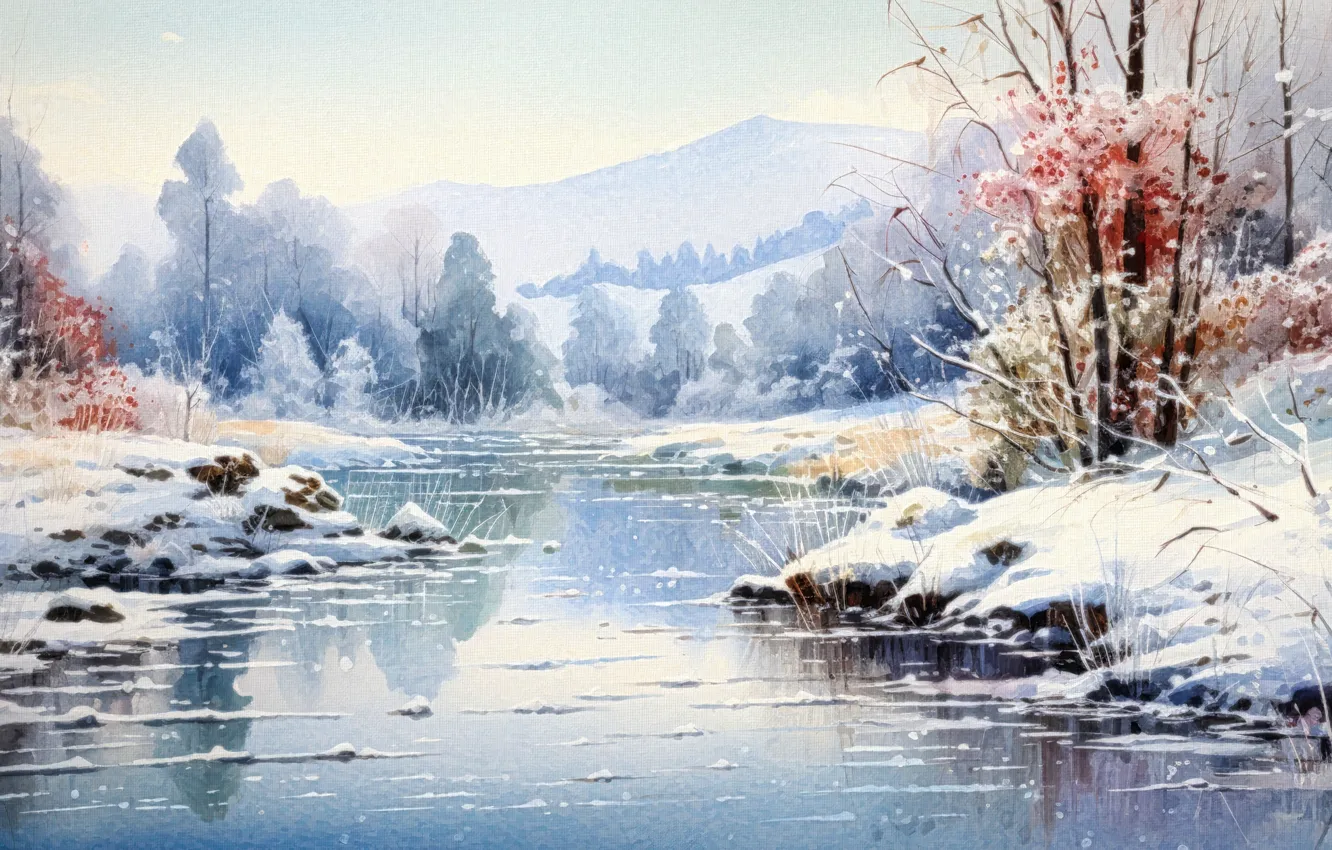 Photo wallpaper winter, forest, snow, trees, landscape, nature, shore, picture