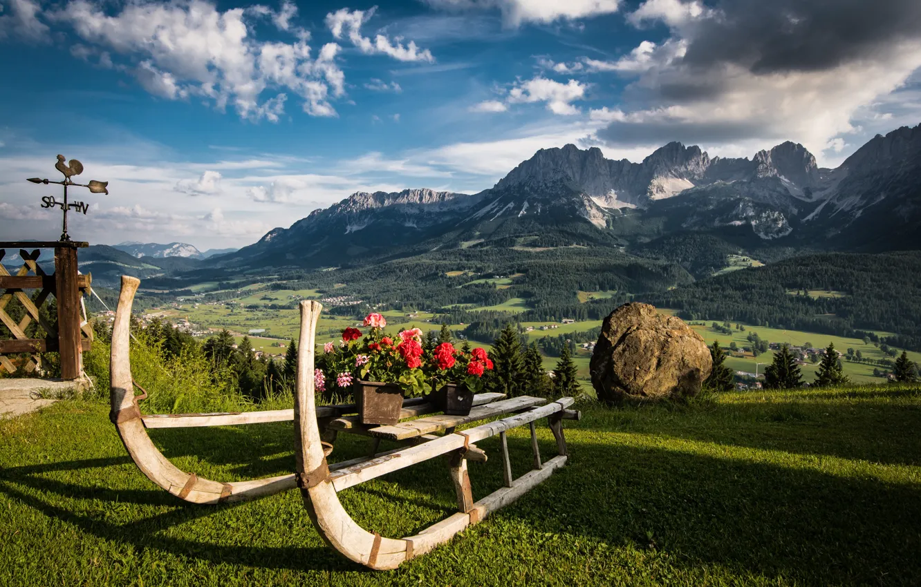 Photo wallpaper landscape, flowers, mountains, nature, stone, Austria, Alps, sleigh