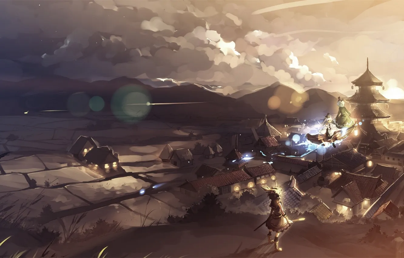 Photo wallpaper field, girl, stars, clouds, sunset, weapons, magic, home