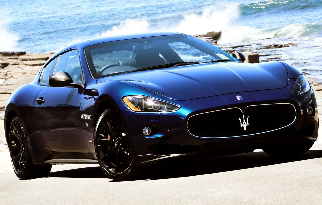 Photo wallpaper wave, water, squirt, blue, shore, Maserati, supercar, Maserati