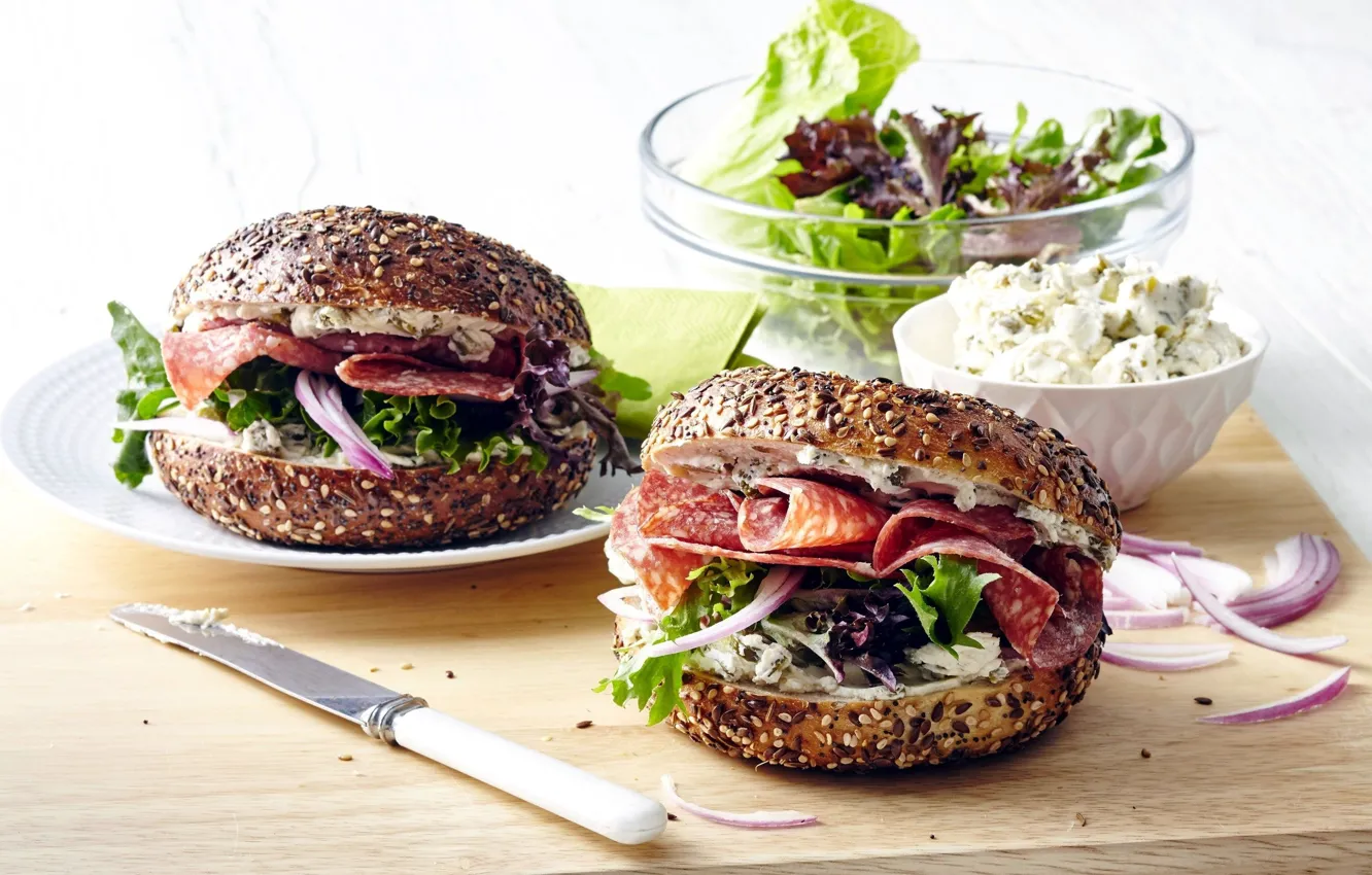 Photo wallpaper vegetables, sausage, buns, burgers, sandwiches, cutting Board