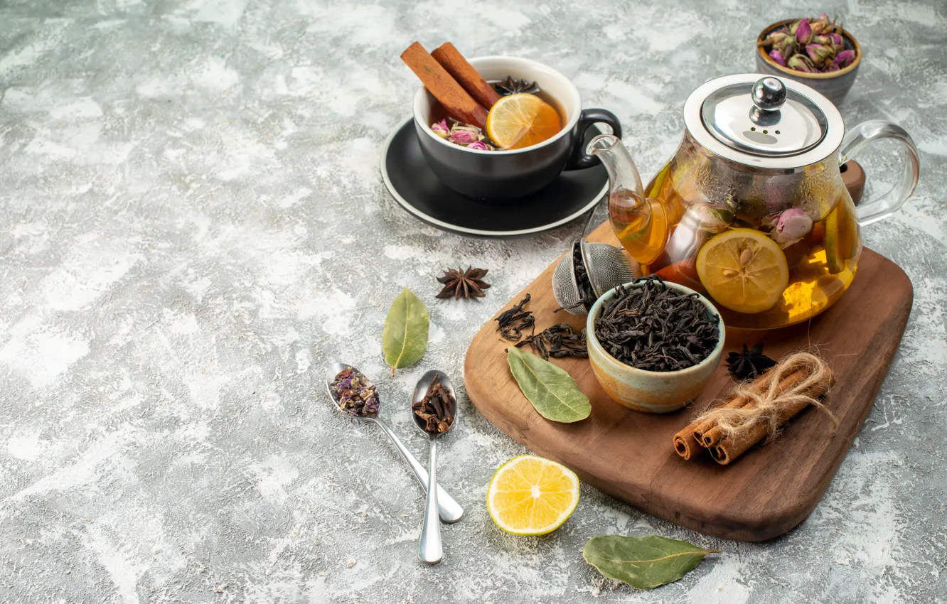 Photo wallpaper glass, leaves, flowers, table, lemon, tea, kettle, spoon
