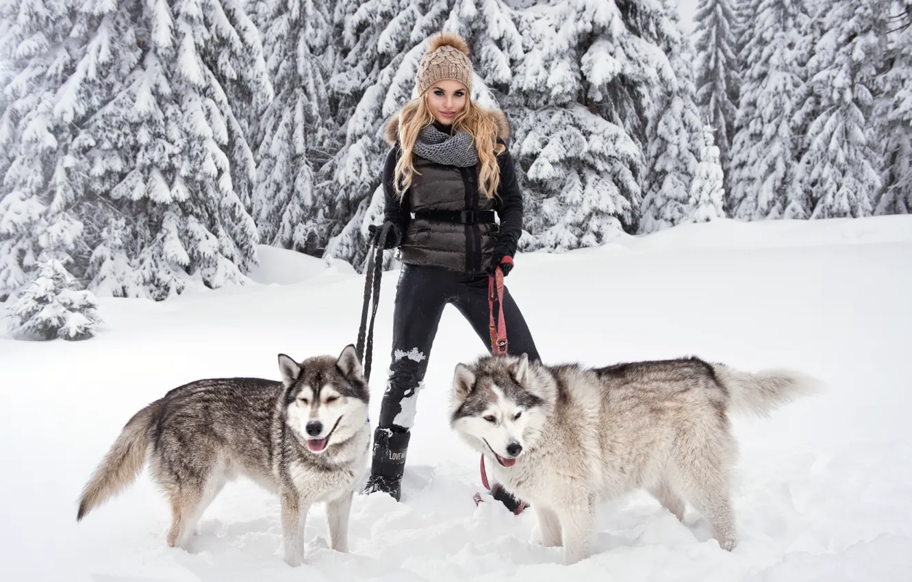 Photo wallpaper dogs, girl, snow, pose, blonde, husky, breed