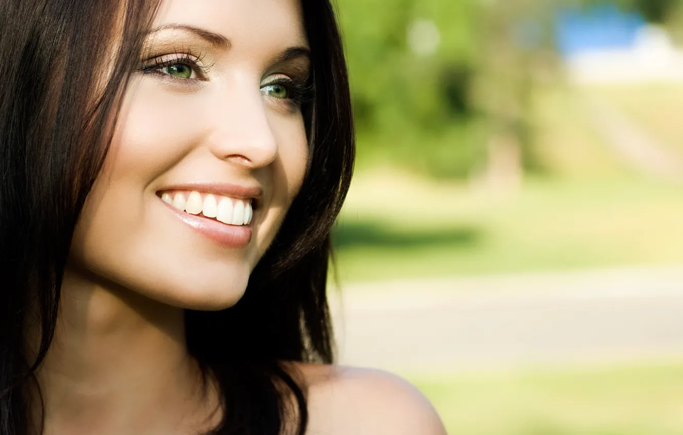 Photo wallpaper summer, girl, nature, brunette, green eyes, blur, bokeh