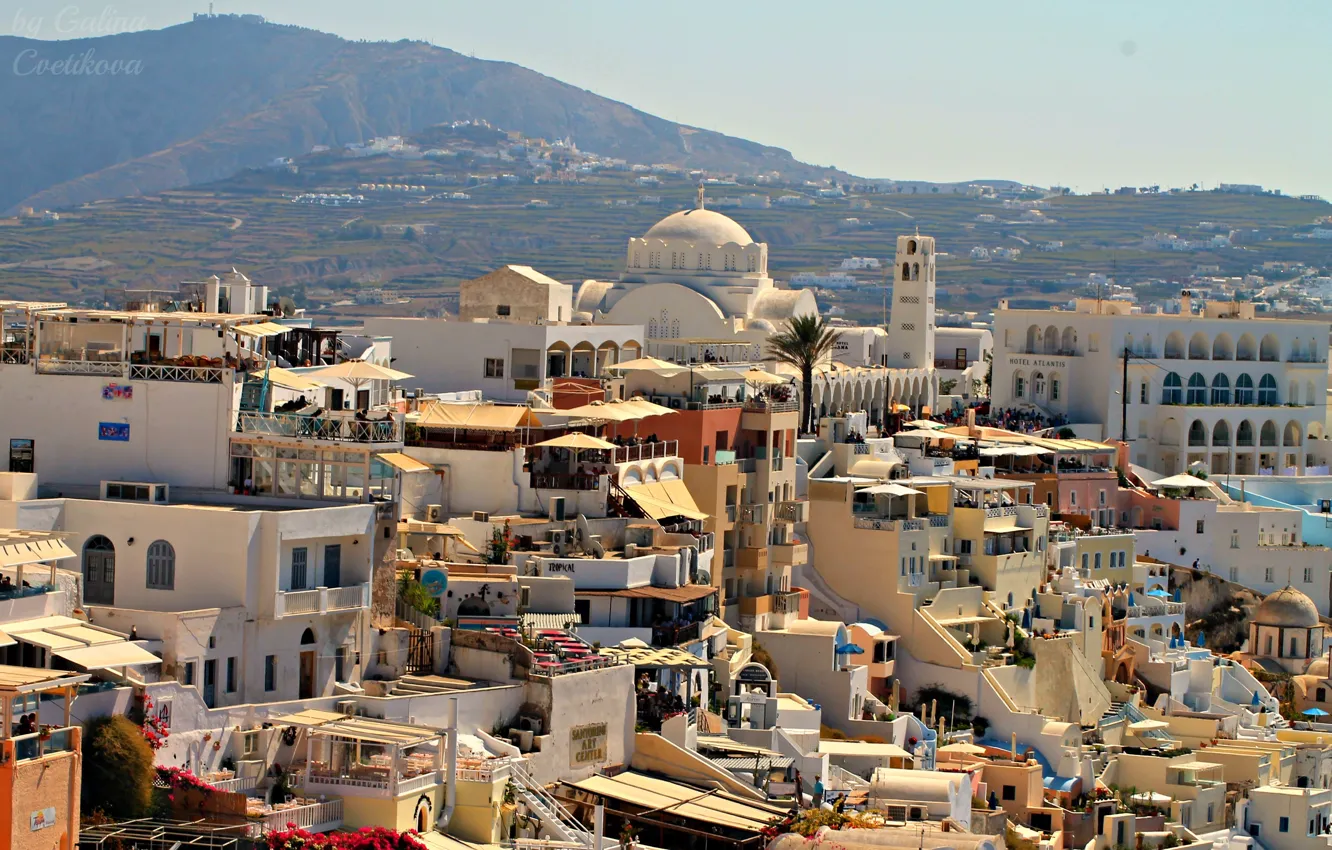 Photo wallpaper the city, view, Greece, beautiful, high, Fira, the island of Santorini