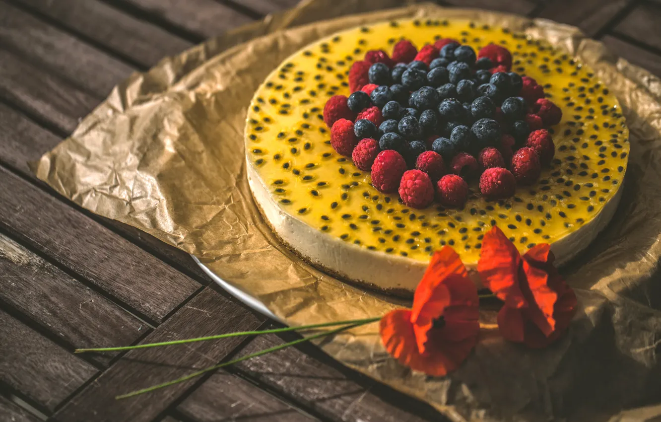 Photo wallpaper flowers, yellow, paper, berries, raspberry, the dark background, Board, Maki