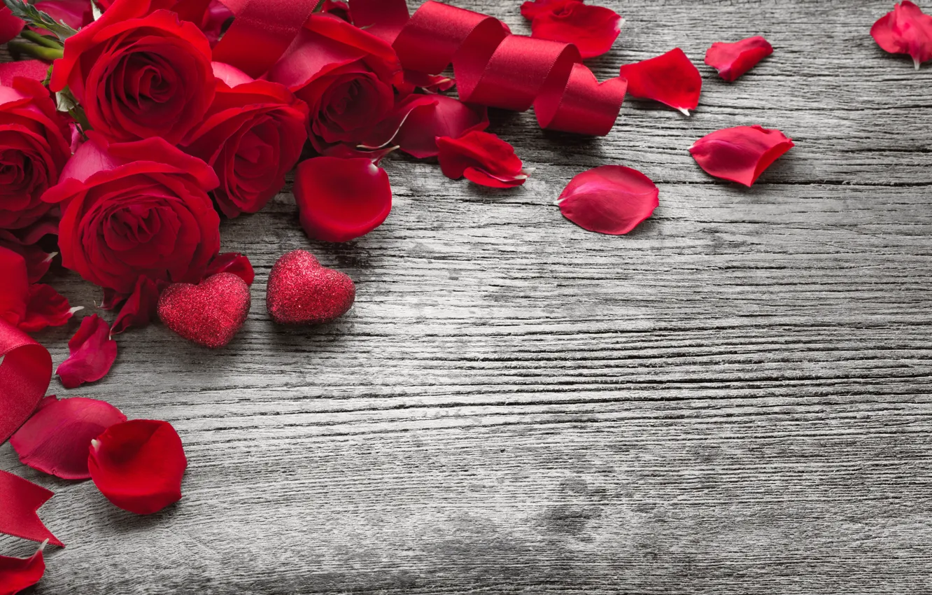 Photo wallpaper red, roses, petals, red, love, wood, flowers, petals