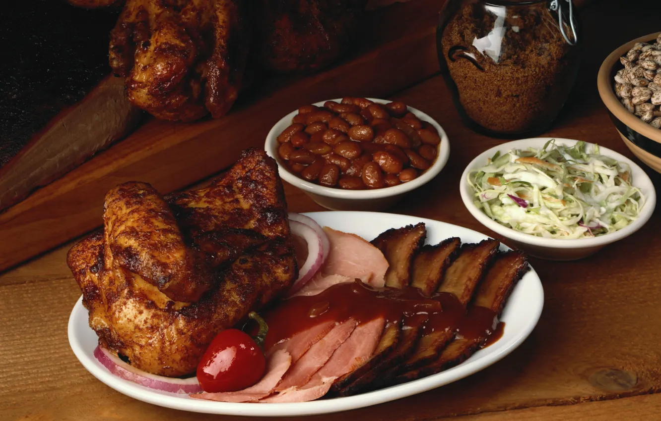 Photo wallpaper meat, sauce, salad, beans