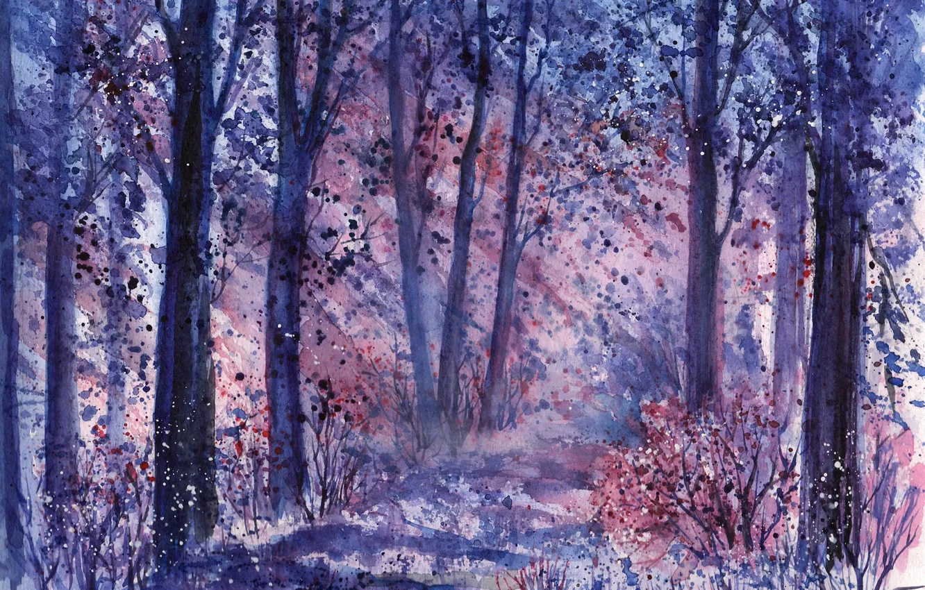 Photo wallpaper forest, grass, trees, watercolor, the bushes, painted landscape