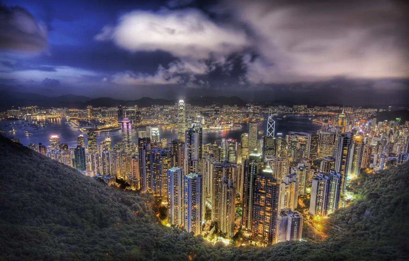 Photo wallpaper the sky, lights, Hong Kong, skyscrapers, valley