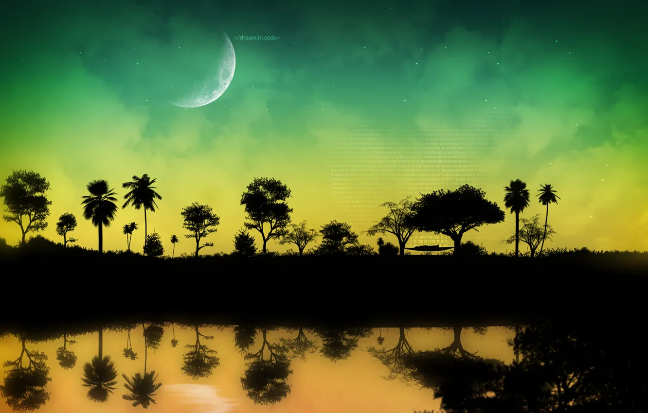 Photo wallpaper water, trees, night, the inscription, the moon, people, code, hammock