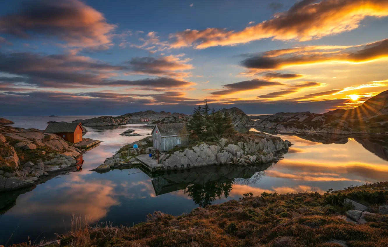 Photo wallpaper sea, the sky, the sun, clouds, sunset, stones, coast, Norway